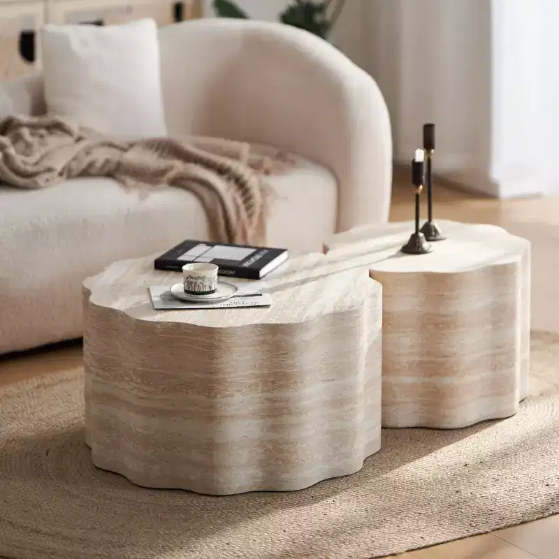 GDFStudio Arlen Modern 2 Piece Wooden Round Coffee Table with Wavy Edge