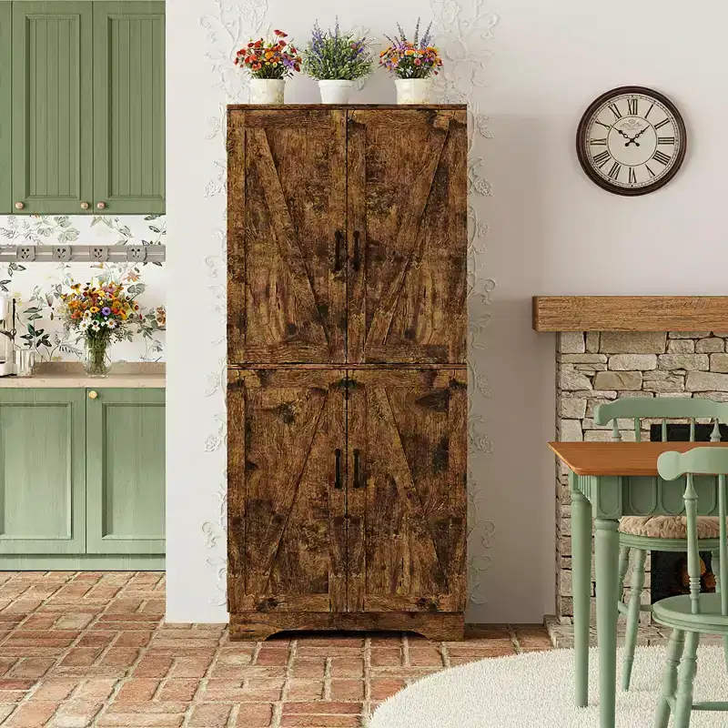 Ora Maison 71 Tall Kitchen Pantry Cabinet, Freestanding Wooden Cupboard with Bottle Storage, Adjustable Shelves & 6 Door Racks, Rustic Brown