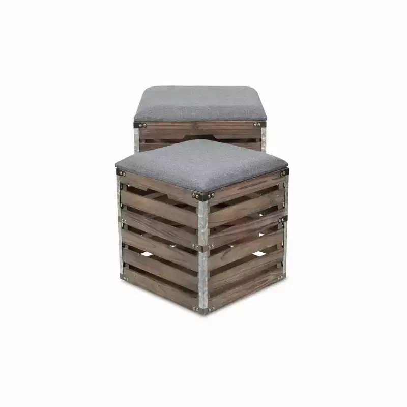 HomeRoots Set Of 2 Square Gray Linen Fabric And Wood Slats Storage Benches