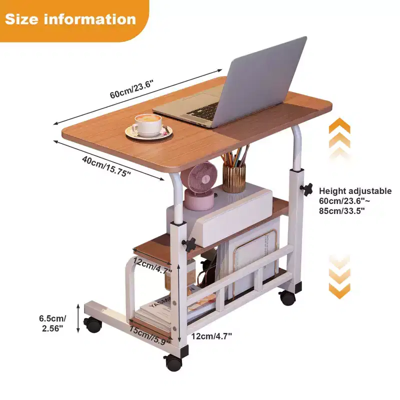 Portable Rolling Desk with Adjustable Height, Mobile Standing Computer Desk with Storage Shelves