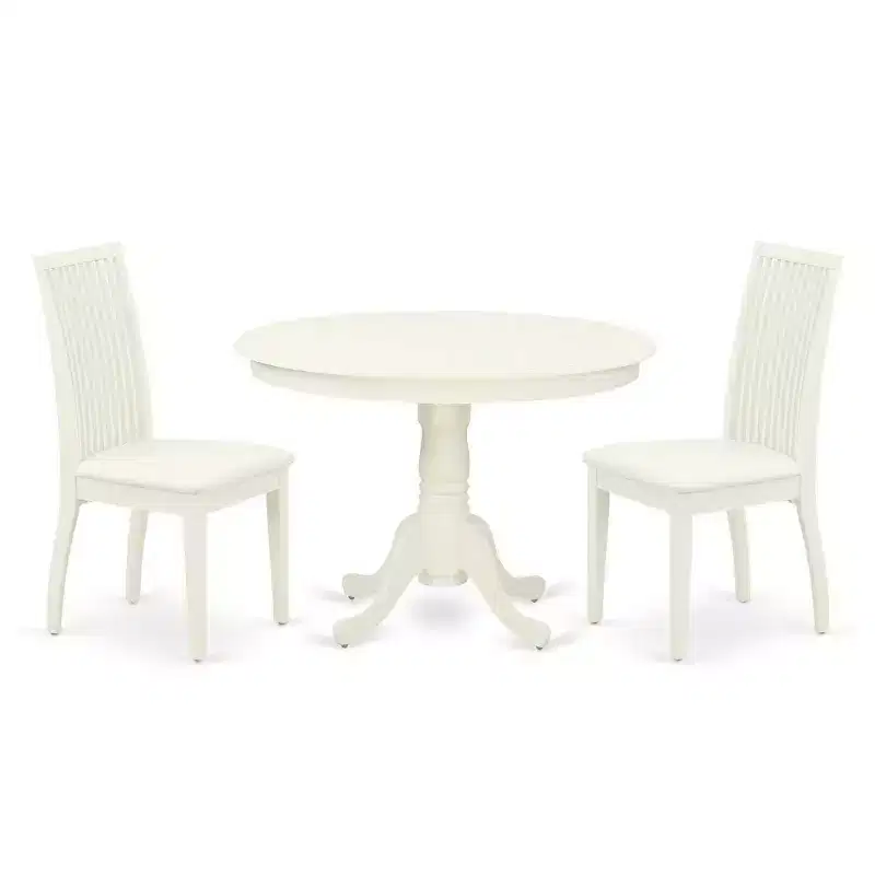 3-Piece Linen White Finish Solid Wood Top-Round Dining Room Set-Seats 4