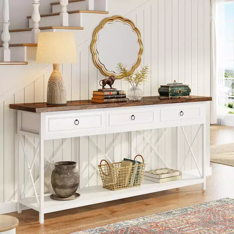 Lantine 70.8-Inch Console Table with 3 Drawers, Farmhouse Entryway Table with Storage Shelf for Entryway, Hallway, White & Brown