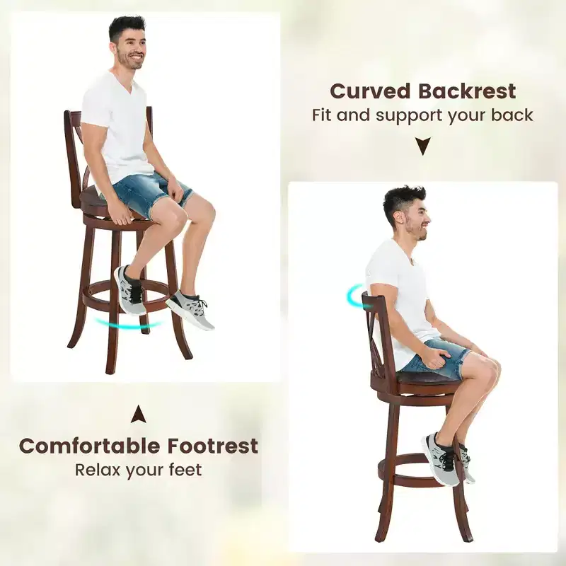 Costway Set of 2 Swivel Bar Stools Bar Height Dining Pub Chairs with Rubber Wood Legs