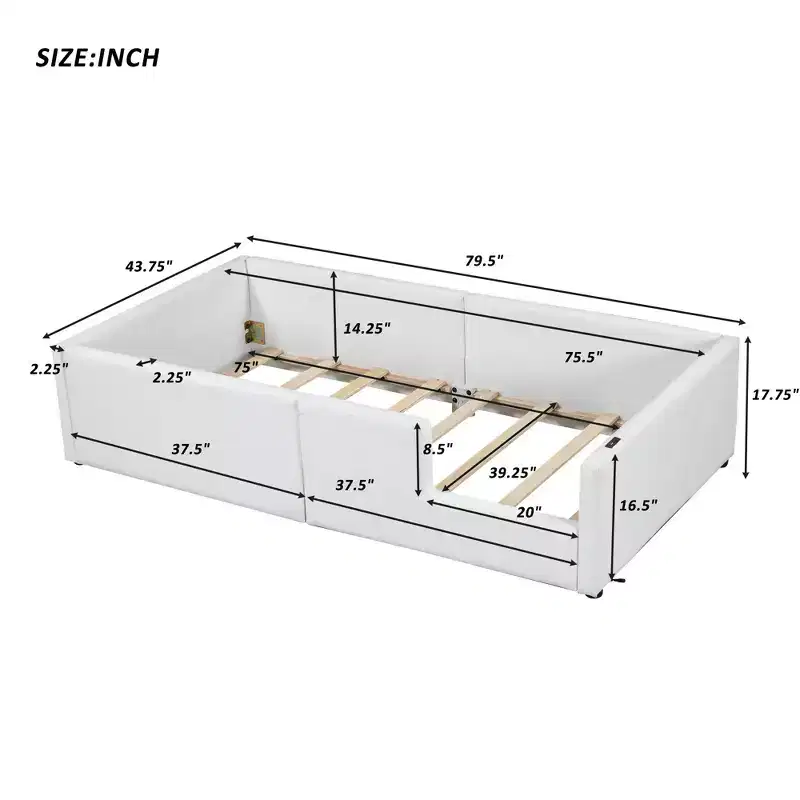 Luxystar Modern Twin Size Upholstered Platform Bed with Guardrail, USB and Type-C Port