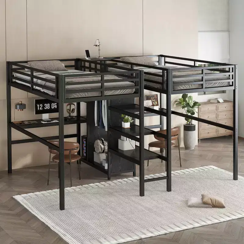 Bellemave Twin Metal Loft Bed with Double Desk, Built-in Outlets, Wardrobe and Storage Shelves, Space-Saving Loft Bed Frame