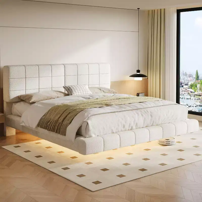 Upholstered Platform Bed Frame Floating Bed with Light & Headboard, White