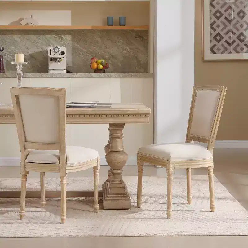 French Country Dining Chairs Set of 2, Upholstered T-Back, Wire Drawing Carving, Disassemblable, Beige