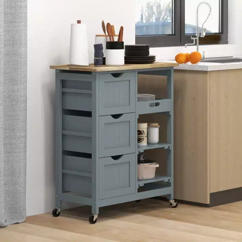 FAMYYT Gray Rubber Wood Top 14.5 in. Kitchen Island with 3-Drawers, 1 Serving Tray and 2 Slatted Shelves