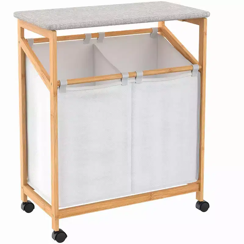 2-Compartment Bamboo Laundry Storage Cart with Ironing Board & 4 Casters, 21.25 Gal