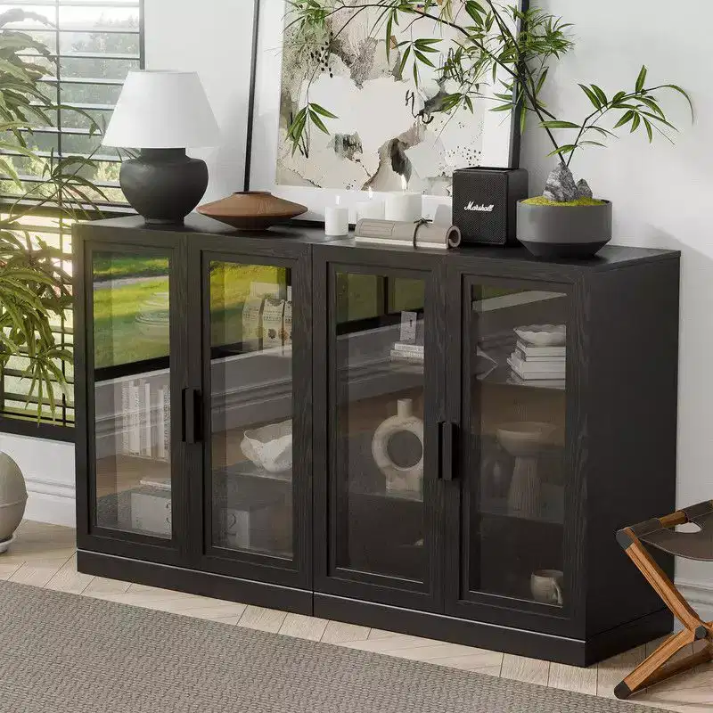 PexFix 62 W x 36 H Large Sideboard Buffet Cabinet with 4 Glass Doors 2 Adjustable Shelves for Kitchen Living/Dinning Room Bedroom Entryway Black