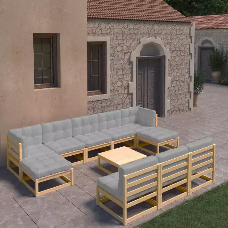 vidaXL Patio Furniture Set 11 Piece Outdoor Sectional Sofa Solid Wood Pine - Natural With Cushion