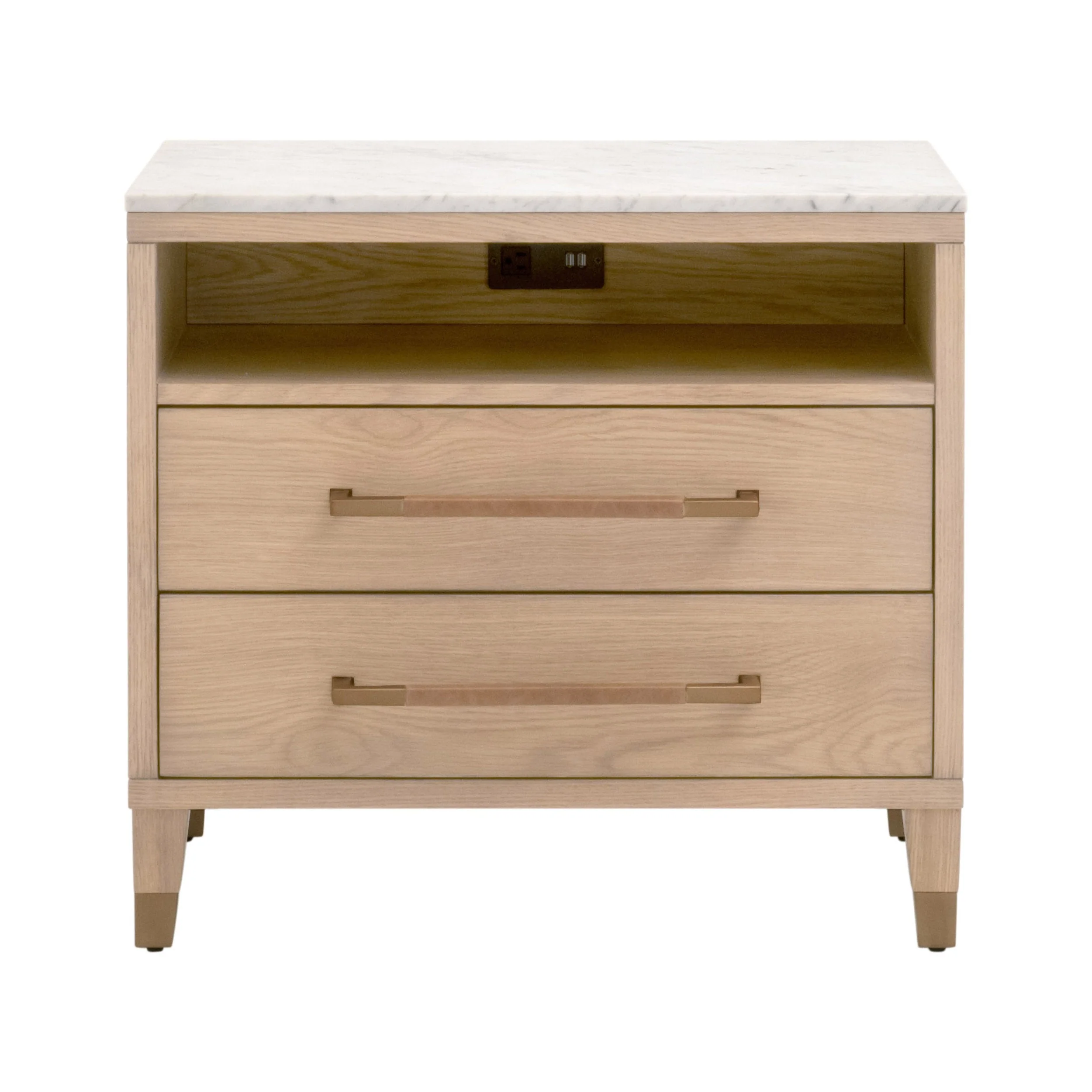 Transitional Solid Oak & Leather-Handle Nightstand with USB Ports, Power Outlet & Dual Drawers for Bedroom