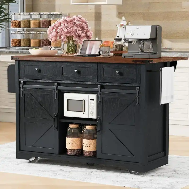 Farmhouse Kitchen Island with Power Outlet, Rolling Kitchen Cart with Drop Leaf
