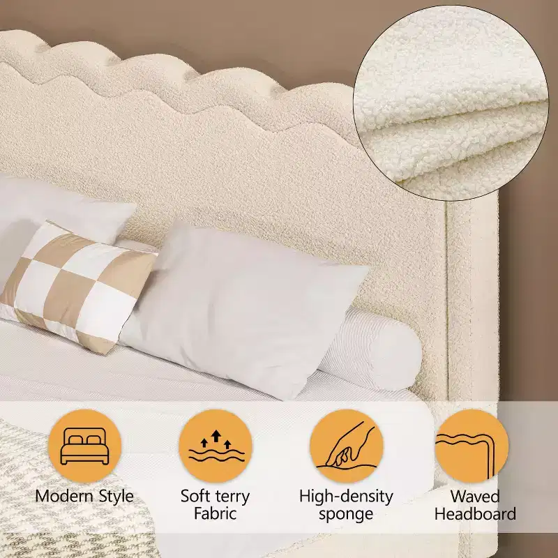 Dyonery Queen fabric bed frame with LED lights, floating bed frame with wavy headboard, no springs required, easy to assemble