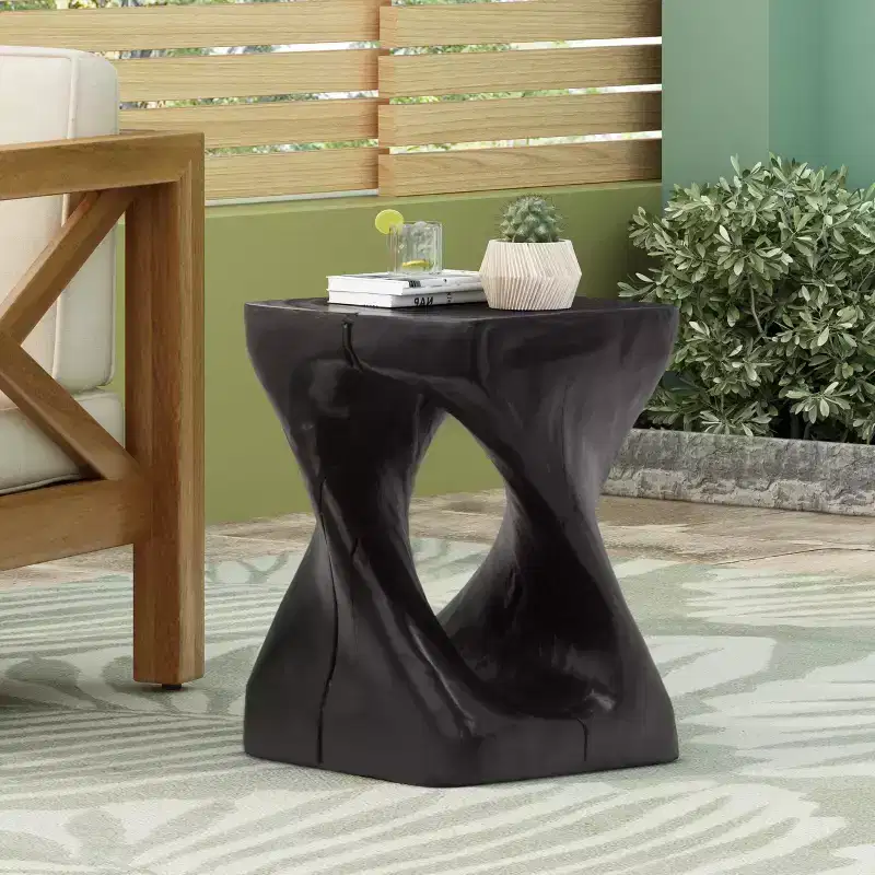 Modern Spiral Side Table with Hollow Center, Wood Grain Texture Magnesium Oxide Coffee Table for Living Room Bedroom