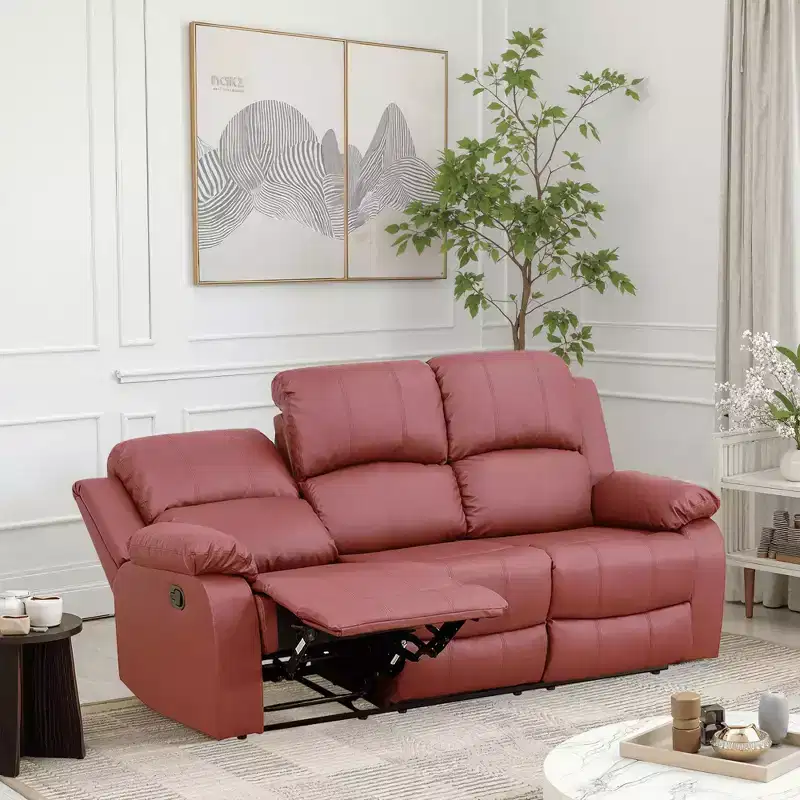 MAYEERTY Power Reclining Sofa, Electric 3-Seat Leather Recliner with Reversible Coffee Table for Living Room, Red