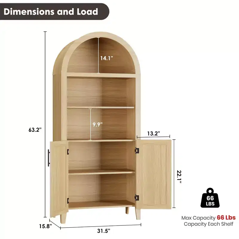 Arched Bookcase with Doors,5 Tier Open Display Shelf with Rattan Decor,Modern Farmhouse Storage Cupboard Cabinet for Home Office