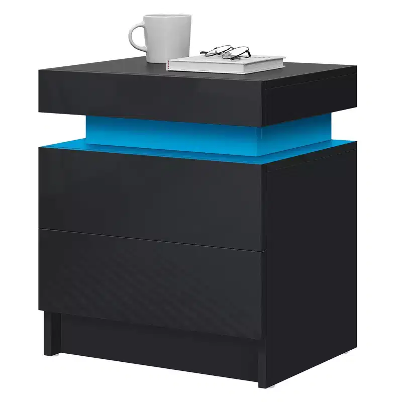 Hommpa Modern LED Nightstand High Gloss Beside Table with 2 Drawers