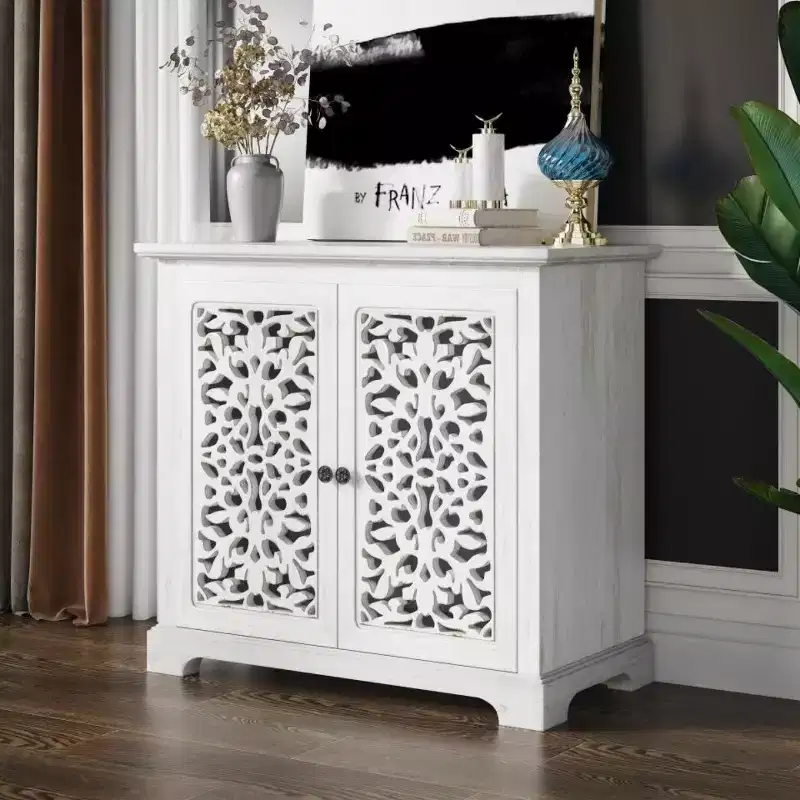 Antique Sideboard Storage Cabinet with Carved Doors, Distressed Accent Buffet Cabinet - Panipeachy