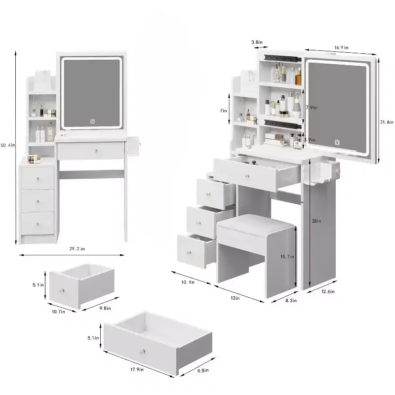 Okak 29.2 Vanity Table and Chair Set, Small Size Left Bedside Cabinet Vanity Table with Extra Large Touch Control Sliding LED Mirror, Black