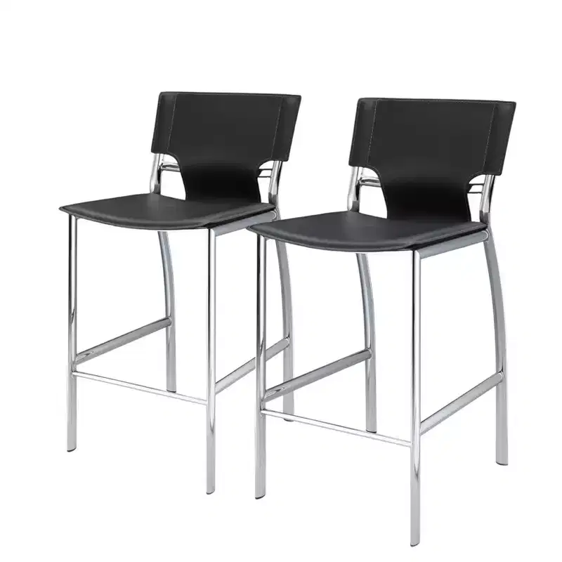 HomeRoots Set of Two 25 Gray and Silver Faux Leather and Metal Low Back Counter Height Bar Chairs