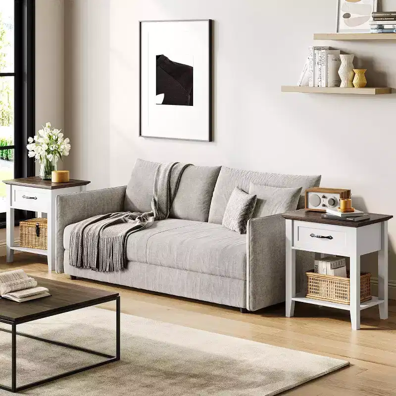 Acekool Nightstand Set of 2, White End Tables with Drawer and 2-Tier Storage Shelves, Side Tables for Bedroom, Living Room, Dorm