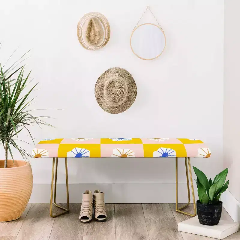 Maritza Lisa White Checkered Flowers Bench Yellow - Deny Designs