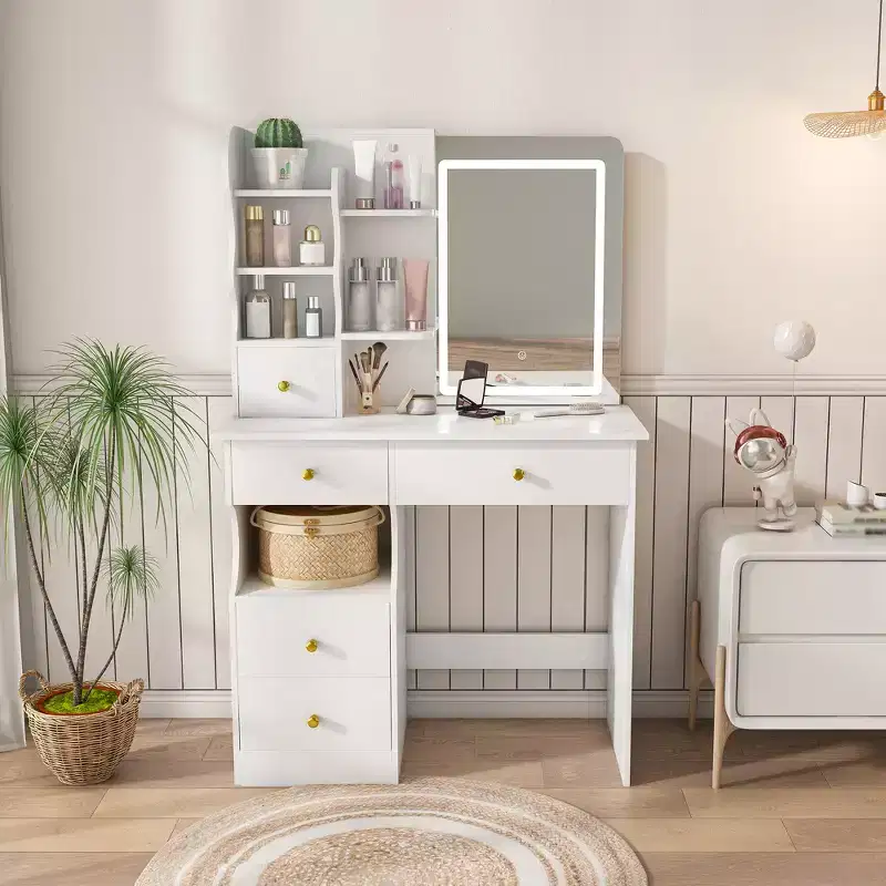 Modern Dressing Table With 5 Drawers, 3-Color LED Touchscreen, and Storage Organizer for Womens and Girls Bedrooms.