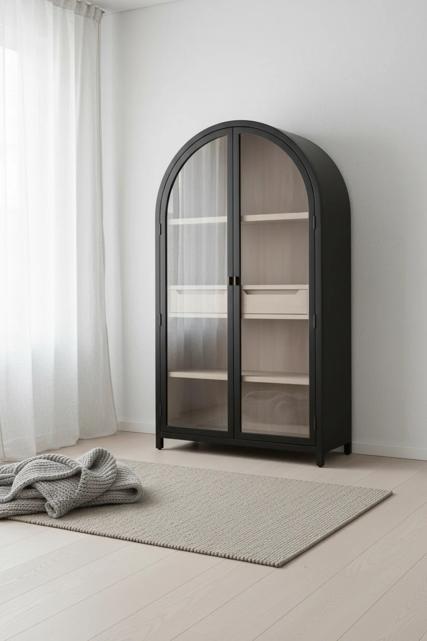 Transitional Black Birch & Tempered Glass Display Cabinet with Arched Frame & Gold Pulls for Living Room