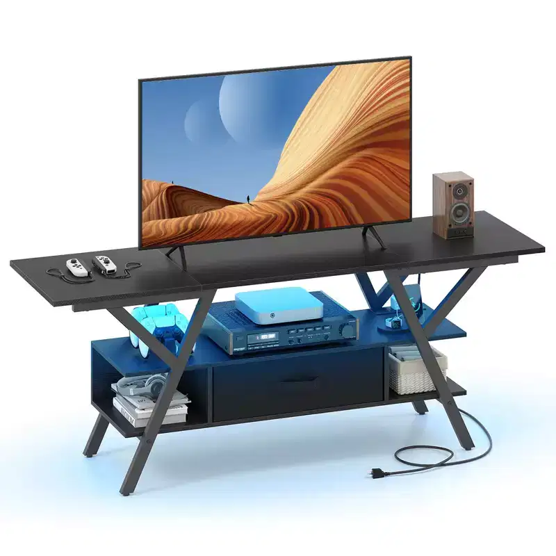 3-Tier TV Stand with Power Outlets for 65 TVs, LED Lights & Remote Storage Shelves Black/Brown