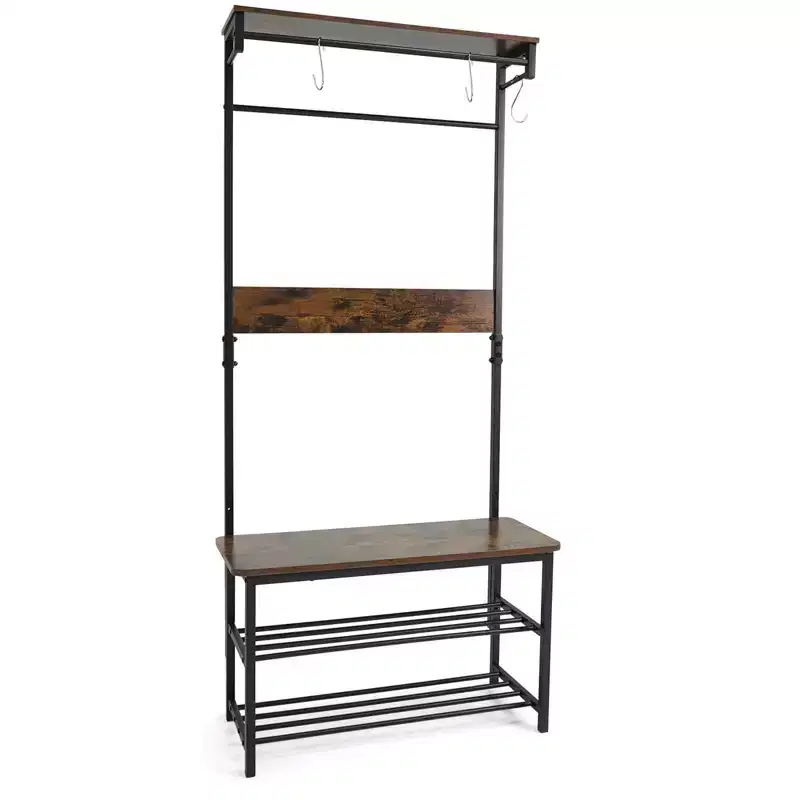 Hall Tree: Coat Rack with Shoe Bench, Hanging Rod, Shelves & Removable Hooks