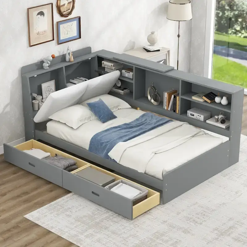King Size Upholstered Bed with Storage Headboard and Trundle