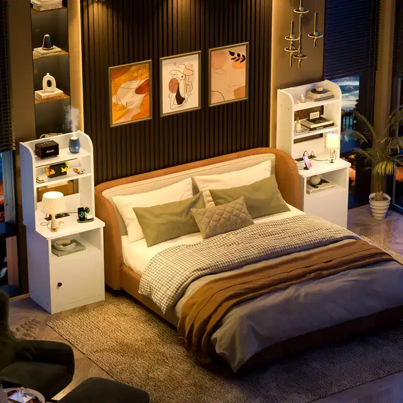 47 Adjustable Bookshelf with Hutch, Nightstand with Charging Station, LED Lights