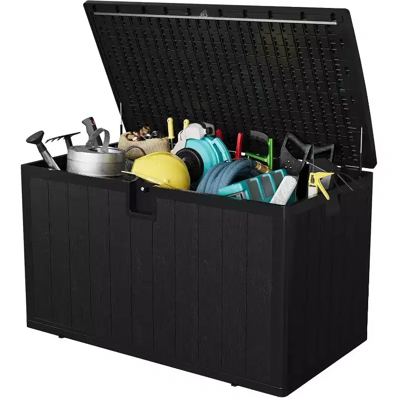 Acekool 130-Gallon Outdoor Storage Box, Large Resin Deck Bin with Wood Grain, Waterproof Patio Organizer for Garden, Lawn & Poolside
