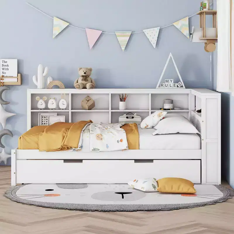 MAYEERTY Full Size with Trundle Storage Shelf for Bedroom White