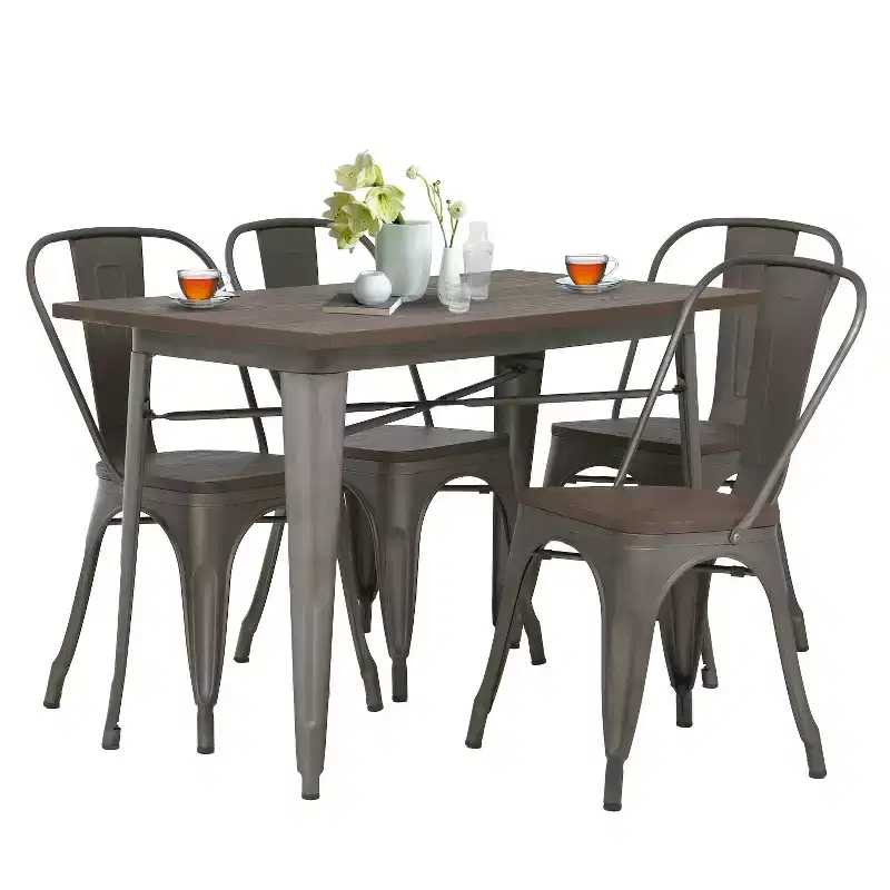 FDW Dining Table and Chairs Industrial Chic 5 Piece Indoor Outdoor Dining Set for Patio Backyard or Garden, Bronze