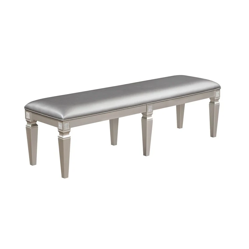 60 Inch Dining Bench, Sparkling Silver Gray Faux Leather, Wood Frame