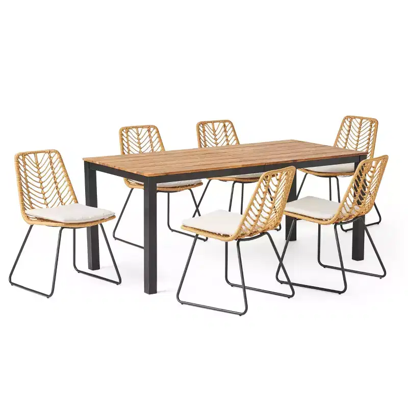 GDFStudio Beaver Outdoor Wicker and Acacia Wood 7 Piece Dining Set, Light Brown/Beige