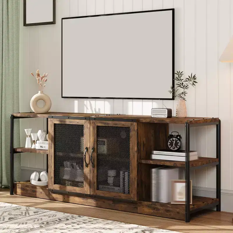 Modern TV Stand for TVs Up to 75, Entertainment Center with Mesh Doors & 4 Open Shelves, Wooden Media TV Console Table, 63 Inch Grey