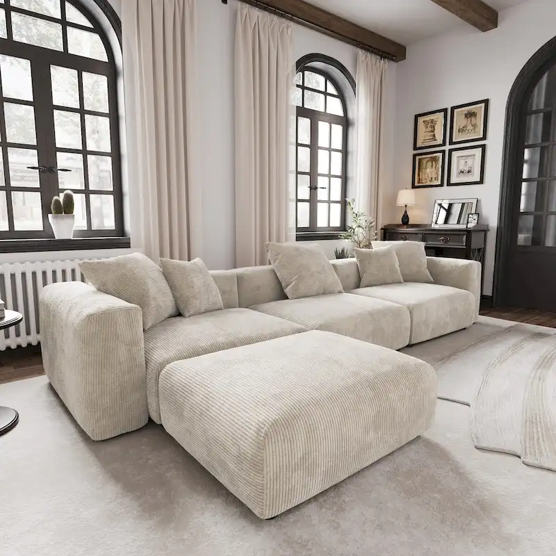Modern Sectional Couch Sofa with 5 Pillows, Luxurious Modular Sectional Couch with Chaise Ottoman