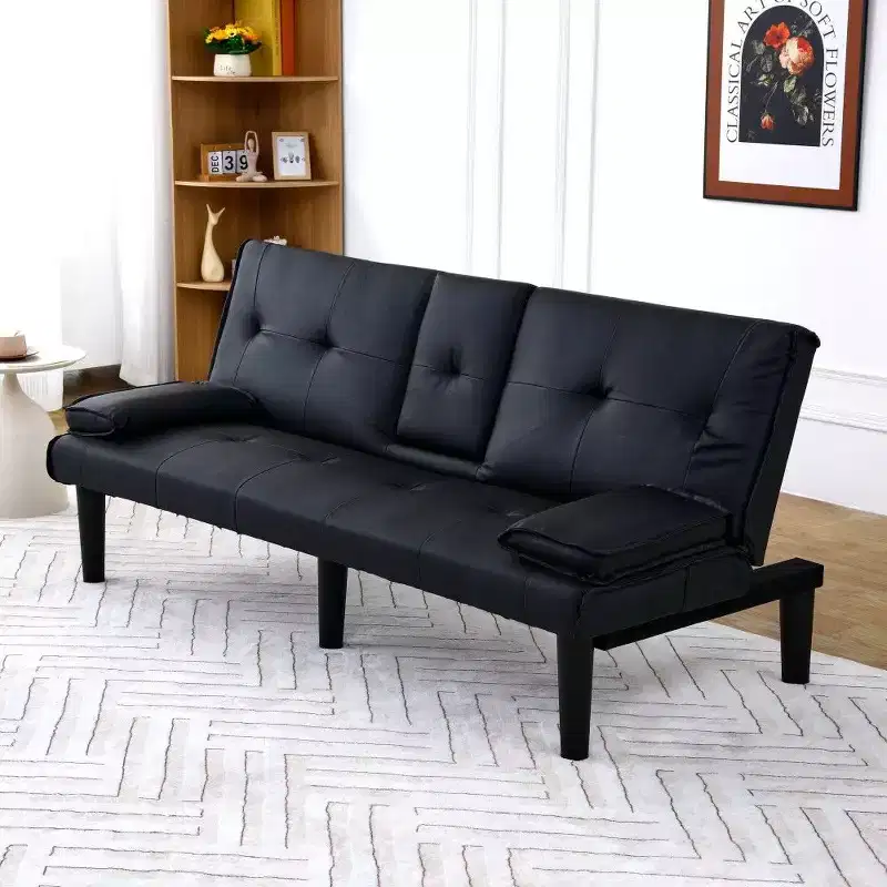 TUYOHW 67-inch PVCFolding Sofa Bed,Convertible Loveseat with Built-in Cup Holder for Small Space Apartment,500lbs Weight Capacity