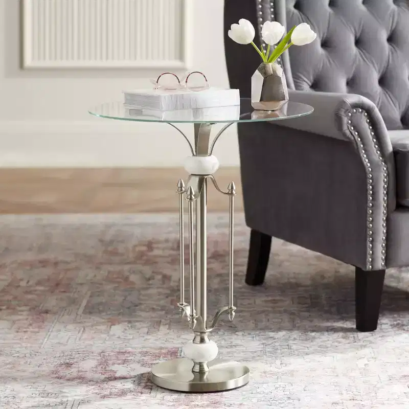 Modern Metal Round Accent Table 20 Wide Brushed Nickel Clear Glass Tray Marble Accents for Living Room Bedroom Bedside Entryway