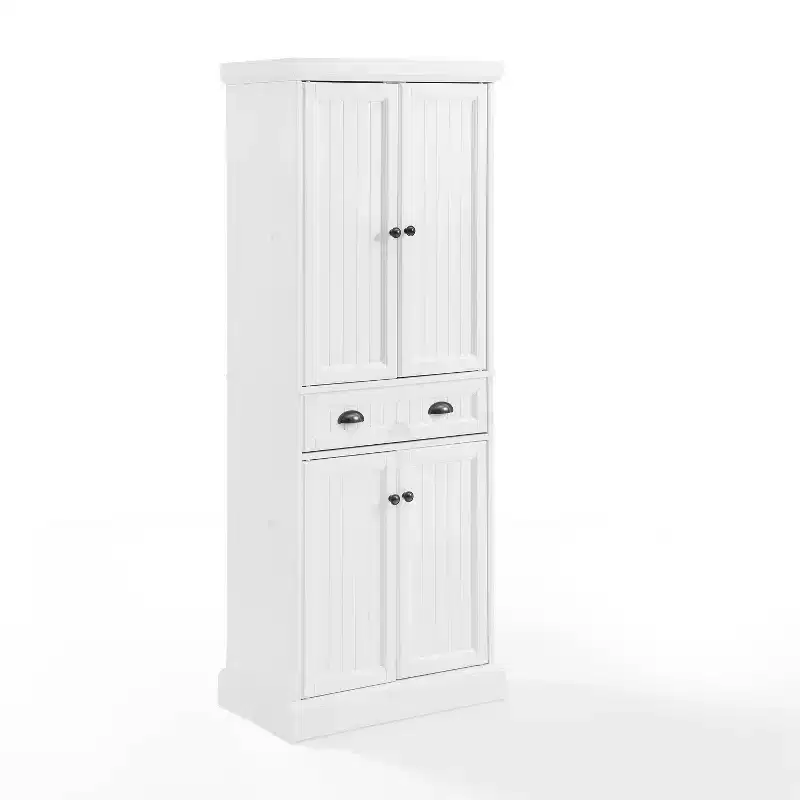 Shoreline Pantry White - Crosley: Adjustable Shelves, Storage, MDF Frame, 4 Doors, 1 Drawer, 5 Shelves, Kitchen Cabinet