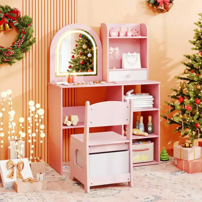 Kids Vanity Set Princess Girls Makeup Vanity Desk w/ 3-Color LED Lighted Mirror Pink