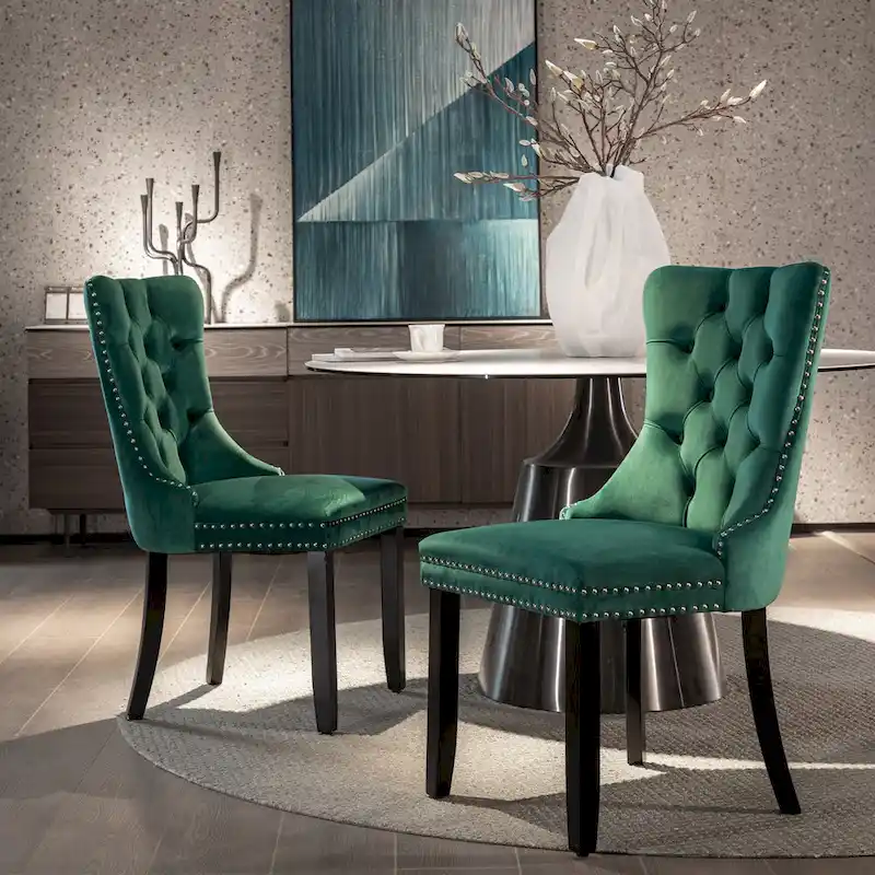 Modern Set of 2 Velvet Tufted Dining Chair with Wood Legs and Nailhead Trim