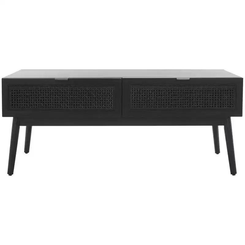 Wood Coffee Table with 2 Drawers & Rattan Webbing Facade, Tapered Legs, Holds 150 lbs