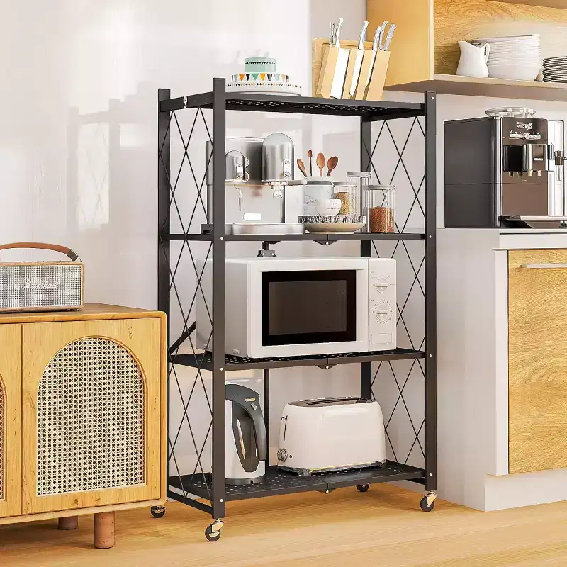 4-Tier Foldable Metal Shelf with Locking Wheels