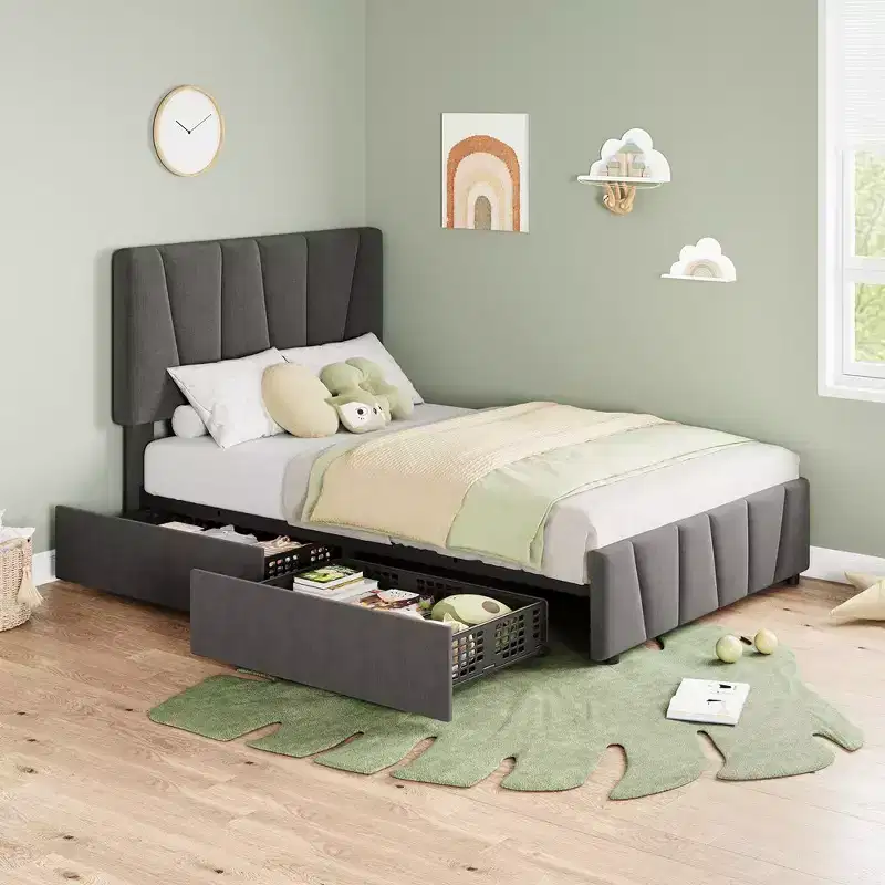Whizmax Bed Frame with 4 Storage Drawers and Linen Upholstery Headboard and Footboard, Mattress Foundation with Wooden Slats Support, Gray