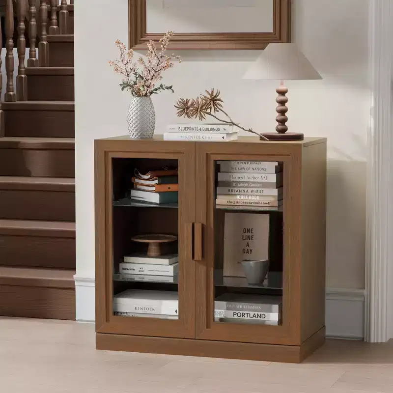 MAYEERTY 16 Tall Storage Cabinet with Glass Doors 2 Shelves, Freestanding Cabinet for Living Room Kitchen Beige 1pcs
