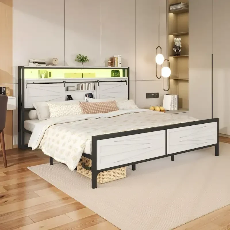 King Metal Platform Bed Frame – White, LED Lights, Headboard Storage, USB & Outlet Charging, Sleeps 1